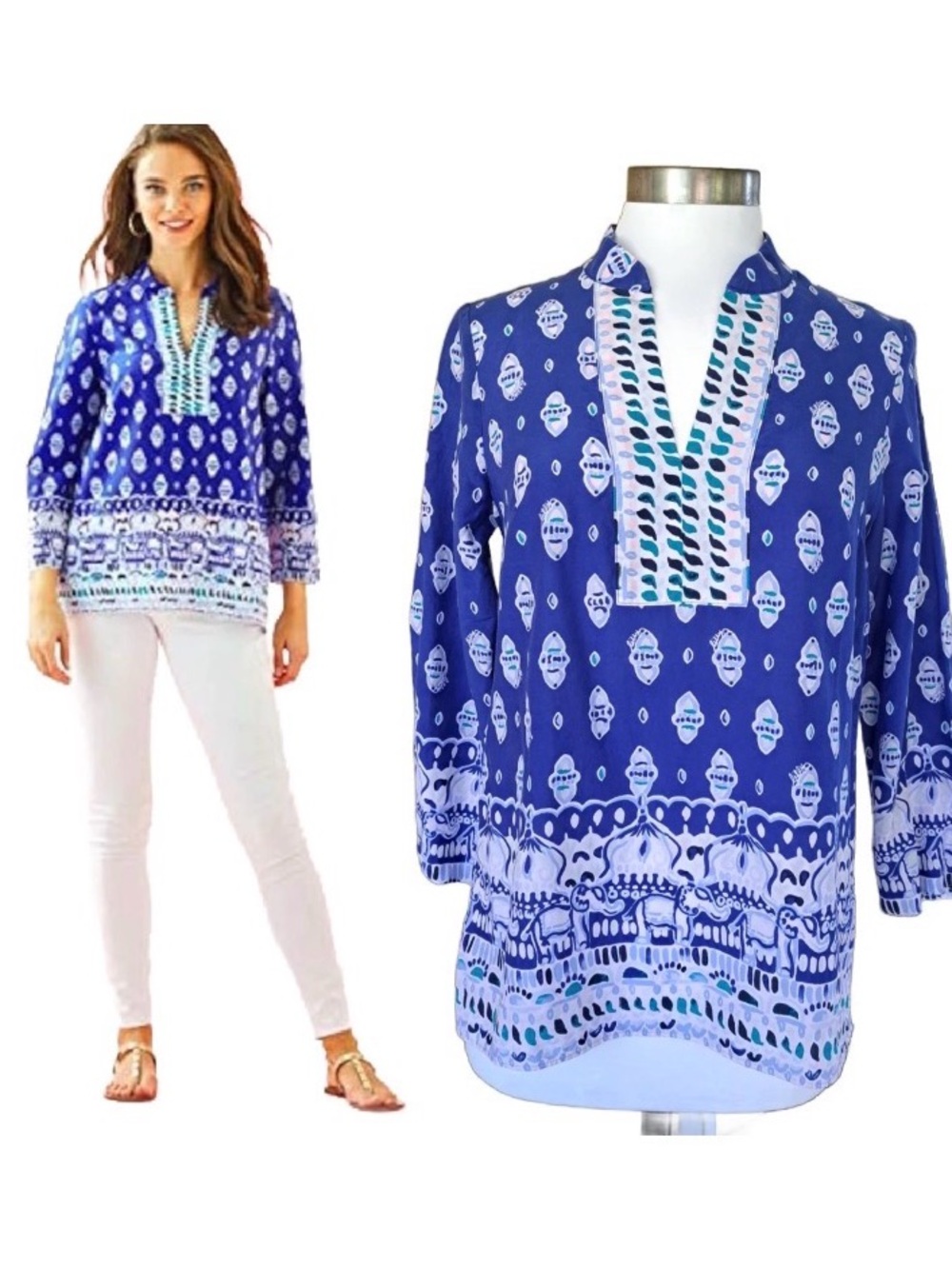 Lilly Pulitzer Silk Cotton Blend Asani Tunic Top Lapis Lazuli Glow Up Print Sz S